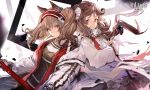  2girls angelina_(arknights) animal_ears arknights bangs black_shirt brown_hair choker commentary_request copyright_name eyjafjalla_(arknights) fox_ears gloves hair_between_eyes hairband head_tilt highres holding holding_staff horns jacket long_hair long_sleeves multiple_girls open_clothes open_jacket red_eyes red_hairband sheep_horns shirt staff twintails upper_body white_jacket white_shirt xiao_chichi 
