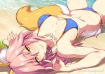  1girl animal_ears arms_up artist_name beach bikini blue_bikini blush closed_mouth day fate/grand_order fate_(series) fingernails fox_ears fox_girl fox_shadow_puppet fox_tail jewelry lips long_fingernails long_hair looking_at_viewer lying navel necklace on_back pink_hair side-tie_bikini slender_waist smile solo swimsuit tail tamamo_(fate)_(all) tamamo_no_mae_(swimsuit_lancer)_(fate) wet zeroshiki_kouichi 