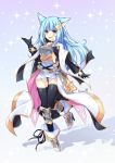  1girl animal_ears azur_lane bangs binato_lulu black_gloves black_legwear blue_hair blunt_bangs boots breastplate commentary_request cosplay eyebrows_visible_through_hair fox_ears gloves gradient gradient_background granblue_fantasy hair_between_eyes jacket long_hair long_jacket long_sleeves looking_at_viewer neptune_(azur_lane) open_clothes open_hand open_jacket open_mouth shadow shell_hair_ornament sidelocks solo thigh-highs white_background yuisis_(granblue_fantasy) yuisis_(granblue_fantasy)_(cosplay) zettai_ryouiki 
