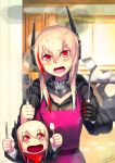  3girls absurdres apron blush chopsticks eyebrows_visible_through_hair fang fangs girls_frontline hair_between_eyes headgear highres holding holding_chopsticks holding_ladle holding_spoon indoors ladle leonat long_hair long_sleeves looking_at_viewer m4_sopmod_ii_(girls_frontline) mechanical_arm multicolored_hair multiple_girls open_mouth pink_apron pink_hair red_eyes redhead skin_fang skin_fangs spoon streaked_hair 