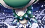  blue_eyes bunny_focus calyrex closed_mouth commentary_request frown graphite_(medium) hakuginnosora legendary_pokemon looking_at_viewer night night_sky outdoors pokemon rabbit sky snow snowing traditional_media 