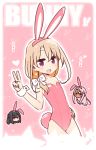  1girl :d alternate_costume animal_ears bangs bare_arms bare_shoulders blonde_hair bow bunny_tail bunnysuit chibi chibi_inset chloe_von_einzbern commentary eyebrows_visible_through_hair fake_animal_ears fake_tail fate/kaleid_liner_prisma_illya fate_(series) flat_chest hair_between_eyes hair_bow hair_over_shoulder hairband heart illyasviel_von_einzbern leotard long_hair looking_at_viewer miyu_edelfelt open_mouth outline pink_background pink_eyes pink_hairband pink_leotard rabbit_ears simple_background smile solo_focus tail v white_bow white_outline wrist_cuffs yoru_nai 