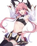 1boy :d animal_ears astolfo_(fate) astolfo_(saber)_(fate) bare_shoulders black_bow black_gloves black_neckwear black_ribbon bow bowtie bunny_pose commentary fang fate/grand_order fate_(series) gloves hair_intakes highres layered_skirt long_hair low_twintails midriff multicolored_hair navel open_mouth otoko_no_ko pink_hair rabbit_ears remieru revision ribbon shiny shiny_hair skin_fang skirt smile streaked_hair twintails violet_eyes white_hair wing_collar 