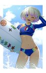  1girl ;d bangs bikini blue_bikini blue_eyes blue_sky blunt_bangs bob_cut clouds cloudy_sky commentary cowboy_shot dark_skin day droplet hand_on_own_head holding holding_surfboard ktn_studio long_sleeves looking_at_viewer multicolored multicolored_bikini multicolored_clothes navel one_eye_closed open_mouth original outside_border short_hair silver_hair sky smile solo splashing standing surfboard swimsuit wading water 