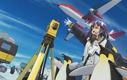  1girl :d aircraft airplane arknights arm_up bangs bird black_hair blue_sky chinese_commentary commentary_request day emperor_penguin gloves ground_vehicle highres jacket long_sleeves magallan_(arknights) multicolored_hair open_mouth outdoors penguin raglan_sleeves satellite_dish short_hair sky smile streaked_hair ttk_(kirinottk) upper_body white_gloves white_hair white_jacket yellow_eyes 