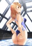  1girl ass bare_arms bare_shoulders blue_swimsuit blush breasts brown_eyes brown_hair commentary_request eyebrows_visible_through_hair from_behind highres houjou_karen idolmaster idolmaster_cinderella_girls in_water indoors kazu large_breasts long_hair looking_at_viewer one-piece_swimsuit open_mouth pool rei_no_pool solo standing swimsuit two-tone_swimsuit wet white_swimsuit 