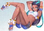  1girl armpits arms_behind_head ass bike_shorts black_hair blue_eyes blue_hair dark_skin eyeliner hatoba_akane long_hair looking_at_viewer makeup midriff navel pokemon pokemon_(game) pokemon_swsh rurina_(pokemon) sailor_collar sandals smile solo 