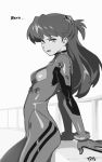  1girl artist_name bodysuit breasts commentary english_commentary greyscale long_hair looking_at_viewer monochrome neon_genesis_evangelion open_mouth optionaltypo pilot_suit plugsuit romaji_text small_breasts solo souryuu_asuka_langley uneven_eyes 