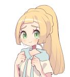  1girl blonde_hair clarevoir commentary crying english_commentary eyelashes green_eyes lillie_(pokemon) long_hair looking_at_viewer pokemon pokemon_(game) pokemon_usum ponytail simple_background smile tears upper_body white_background 
