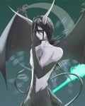  1boy allta bangs bare_shoulders black_hair black_sclera bleach collarbone commentary crescent_moon demon_tail demon_wings facial_mark fingernails fur green_eyes hand_on_own_face highres hole_on_body horns male_focus moon night sharp_fingernails short_hair solo tail ulquiorra_cifer wings 