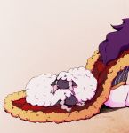  1boy artisadie cape commentary creature dande_(pokemon) english_commentary gen_8_pokemon highres horns long_hair lying on_stomach pokemon pokemon_(creature) pokemon_(game) pokemon_swsh purple_hair sheep signature simple_background sleeping white_background wooloo 