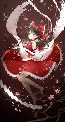  1girl air_bubble bare_legs bare_shoulders black_hair blush bow bubble cherry_blossoms closed_mouth detached_sleeves dress eyebrows_visible_through_hair flower footwear_removed full_body geta hair_bow hair_ornament hair_tubes hakurei_reimu highres holding holding_branch hoshi_ame long_hair long_sleeves looking_up pink_flower red_bow red_dress red_eyes red_ribbon ribbon sarashi sidelocks solo straight_hair touhou underwater wide_sleeves 