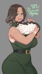  1girl 2020 agawa_ryou artist_name belly belt breasts brown_hair cat commentary dark_skin dated dress green_dress green_eyes grey_background holding holding_cat huge_breasts looking_at_viewer original plump round_teeth short_hair signature simple_background smile tan tanline teeth thick_thighs thighs 