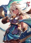  1girl armor armored_dress blue_dress brown_gloves closed_mouth commentary_request dark_skin dragon dress gloves gradient gradient_background granblue_fantasy grey_background hair_between_eyes highres kuroi_susumu long_hair looking_to_the_side red_eyes solo white_background white_hair zooey_(granblue_fantasy) 