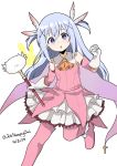  1girl :o ascot bangs bare_shoulders blue_eyes boots cape cosplay dated eyebrows_visible_through_hair fate/kaleid_liner_prisma_illya fate_(series) feathers gloves gochuumon_wa_usagi_desu_ka? hair_between_eyes hair_feathers hair_ornament highres kafuu_chino light_blue_hair long_hair looking_at_viewer magical_girl pink_footwear prisma_illya prisma_illya_(cosplay) simple_background sleepyowl_(jobkung15) solo thigh-highs thigh_boots tippy_(gochiusa) twitter_username two_side_up wand white_background white_gloves x_hair_ornament yellow_neckwear 