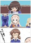  4girls :d akiyama_yukari bangs bc_freedom_school_uniform black-framed_eyewear black_skirt blonde_hair blue_neckwear blue_sweater brown_eyes brown_hair camera cardigan closed_eyes closed_mouth commentary dress_shirt drill_hair eyebrows_visible_through_hair girls_und_panzer glasses green_eyes hands_together headset highres holding holding_camera long_hair long_sleeves low_twintails marie_(girls_und_panzer) messy_hair miniskirt multiple_girls nao_(nao_puku777) necktie open_mouth ou_taiga school_uniform shirt short_hair short_twintails sitting skirt smile sofue_(girls_und_panzer) standing sweater twintails v_arms video_camera white_shirt wing_collar 