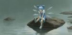  1girl blue_eyes blue_hair blush bow cirno dress faux_traditional_media fjsmu fog frown hair_bow highres ice ice_wings lake neck_ribbon outdoors ribbon rock shadow shoes short_hair sitting solo touhou water wings 