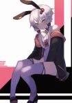  1girl animal_ears breasts fake_animal_ears fang jacket looking_at_viewer off_shoulder purple_hair purple_legwear rabbit_ears short_hair_with_long_locks sitting solo thigh-highs violet_eyes voiceroid yuzuki_yukari zoruboi 