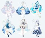  6+girls absurdres agonasubi ahoge aqua_eyes arms_behind_back bass_clef beamed_eighth_notes beret bloomers blue_bow blue_capelet blue_dress blue_eyes blue_gloves blue_hair blue_headwear blue_mittens blue_ribbon blue_skirt blush bow bowtie bracelet branch capelet chimes christmas_ornaments commentary contrapposto detached_sleeves dress earmuffs eighth_note frilled_dress frills from_side full_body fur-trimmed_capelet fur-trimmed_dress fur-trimmed_footwear fur_trim gloves gradient_hair hair_bow hair_ornament hair_ribbon hands_up hat hatsune_miku head_tilt heart_ahoge highres holding holding_instrument holding_wand instrument jewelry kneehighs leaning_forward light_blue_hair long_hair looking_at_viewer mittens multicolored_hair multiple_girls multiple_persona musical_note musical_note_print pantyhose pastel_colors pleated_skirt ribbon ruffled_dress skirt sleeveless sleeveless_dress smile snowflake_print staff_(music) star star_hair_ornament star_wand striped striped_legwear striped_neckwear thigh-highs treble_clef twintails underwear very_long_hair vocaloid wand white_beret white_capelet white_dress white_gloves white_hair white_headwear white_sleeves yuki_miku 