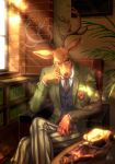  1boy absurdres beastars blazer blurry_foreground book bookshelf brick_wall cherryton_school_uniform commentary_request couch crossed_legs deer deer_antlers deer_skull furry highres jacket looking_at_viewer louis_(beastars) necktie official_art pants school_uniform sitting solo striped sunlight twilight vertical-striped_pants vertical_stripes vest 