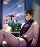  1boy at4190_(user_vzac7788) black_sweater blue_sky brown_eyes brown_hair closed_mouth clouds cloudy_sky coat earrings gift green_curtains highres holding holding_gift indoors jewelry jojo_no_kimyou_na_bouken long_sleeves male_focus osiris_(stand) pants sky solo stand_(jojo) stardust_crusaders sweater terence_t._d&#039;arby turtleneck turtleneck_sweater white_coat white_pants window 