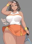  1girl agawa_ryou artist_name bare_shoulders belly black_hair breasts collarbone commentary covered_navel dark_skin dated grey_background headband large_breasts looking_at_viewer original parted_lips plump racket short_hair signature skirt solo tennis_racket thick_thighs thighs wristband 