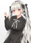  1girl absurdres alternate_costume arm_up ayakura_maki azur_lane black_dress blush breasts dress eyebrows_visible_through_hair formidable_(azur_lane) grey_hair hair_ornament hair_ribbon highres large_breasts long_hair long_sleeves looking_at_viewer neck_ribbon red_eyes ribbon simple_background solo twintails two-tone_ribbon very_long_hair white_background 