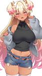  1girl bare_shoulders black_panties black_sweater blonde_hair blue_shorts commentary_request cowboy_shot crop_top cutoffs dark_skin denim denim_shorts exposed_pocket gradient_hair grey_jacket highres jacket long_hair long_sleeves looking_at_viewer midriff mio_(mgr300) multicolored_hair navel off_shoulder open_clothes open_jacket open_mouth original panties pink_eyes pink_hair ribbed_sweater short_shorts shorts simple_background skindentation sleeveless sleeveless_sweater sleeveless_turtleneck smile solo stomach sweater thigh-highs thighs turtleneck two_side_up underwear very_long_hair white_background white_legwear 