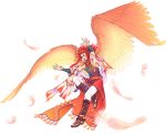  1boy braid falling_feathers feathered_wings feathers flying harukanaru_toki_no_naka_de harukanaru_toki_no_naka_de_4 headband kiske long_hair male_focus multiple_braids outstretched_arms red_feathers redhead sazaki shawl solo wings 