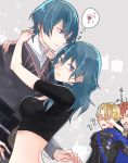  1girl 3boys ? back black_shirt black_vest blonde_hair blue_capelet blue_eyes blue_hair breasts byleth_(fire_emblem) byleth_eisner_(female) byleth_eisner_(male) capelet closed_eyes covering_another&#039;s_eyes covering_eyes cup dimitri_alexandre_blaiddyd drinking_glass drunk dual_persona expressionless eyebrows_visible_through_hair fire_emblem fire_emblem:_three_houses garreg_mach_monastery_uniform grey_background hair_between_eyes highres hug looking_at_viewer medium_breasts medium_hair midriff multiple_boys nakaya_(drwh7757) open_mouth orange_hair selfcest shirt short_hair short_sleeves simple_background skin_tight smile spiky_hair sylvain_jose_gautier taut_clothes thought_bubble twitter_username upper_body vest white_shirt wine_glass 