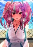  1girl azur_lane bangs bare_shoulders bow breasts bremerton_(azur_lane) bremerton_(scorching-hot_training)_(azur_lane) chain-link_fence commentary_request crop_top day fence from_above grey_hair haiba_09 hair_between_eyes hair_bow hair_ornament hairclip heart heart_necklace heavy_breathing highres large_breasts long_hair looking_at_viewer multicolored_hair no_mole outdoors pink_eyes pink_hair serious shirt sitting sky sleeveless sleeveless_shirt sportswear streaked_hair twintails two-tone_hair two-tone_shirt two-tone_skirt x_hair_ornament 
