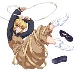  1girl arms_up barefoot black_footwear blonde_hair breasts clenched_teeth eyebrows_visible_through_hair full_body kurodani_yamame long_sleeves looking_at_viewer medium_breasts ootsuki_wataru shoes shoes_removed short_hair smile socks solo teeth touhou transparent_background yellow_eyes 