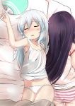  2girls akatsuki_(kantai_collection) bad_anatomy bed_sheet blanket blush closed_eyes collarbone commentary_request fan hair_between_eyes hibiki_(kantai_collection) highres holding holding_fan hot kantai_collection long_hair multiple_girls navel open_mouth panties pillow purple_hair silver_hair striped striped_panties sweat underwear white_panties yuu_(alsiel) 