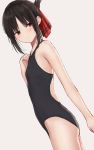  1girl back_cutout bare_arms bare_shoulders black_hair black_swimsuit blush cowboy_shot embarrassed flat_chest folded_ponytail from_side hair_ornament hand_on_own_chest highres kaguya-sama_wa_kokurasetai_~tensai-tachi_no_renai_zunousen~ long_hair looking_to_the_side one-piece_swimsuit red_eyes shinomiya_kaguya simple_background solo swimsuit thighs white_background zuima 