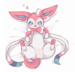  :d blue_eyes blush clarevoir commentary creature english_commentary full_body gen_6_pokemon happy looking_at_viewer lying no_humans on_back open_mouth pokemon pokemon_(creature) smile solo sylveon 