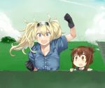  2girls absurdres aima_imoko0327 black_gloves black_sailor_collar blonde_hair blue_eyes blue_shirt blue_sky breast_pocket breasts brown_eyes brown_hair clouds collared_shirt commentary_request day fence folded_ponytail gambier_bay_(kantai_collection) gloves hairband highres inazuma_(kantai_collection) kantai_collection large_breasts long_hair looking_at_viewer multiple_girls open_mouth outdoors pocket round_teeth sailor_collar school_uniform serafuku shirt sky smile stairs teeth twintails upper_body upper_teeth 