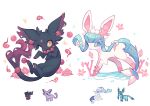  blue_eyes charamells commentary creature english_commentary espeon eyelashes flower fusion gen_2_pokemon gen_4_pokemon gen_7_pokemon glaceon highres misdreavus multiple_fusions no_humans pink_flower pink_rose pokemon pokemon_(creature) primarina rose simple_background water white_background yellow_eyes 