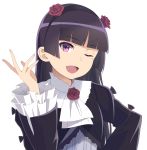  1girl ;d bangs black_hair black_headband blunt_bangs flower gokou_ruri hair_flower hair_ornament hand_on_hip headband highres long_hair long_sleeves mole mole_under_eye one_eye_closed open_mouth ore_no_imouto_ga_konna_ni_kawaii_wake_ga_nai smile solo sozoremi upper_body violet_eyes white_legwear 