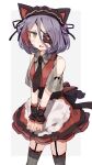  1girl animal_ears apron bare_shoulders black_hairband cat_ears commentary cowboy_shot eyebrows_visible_through_hair eyepatch fake_animal_ears fang frilled_hairband frills garter_straps hairband hayasaka_mirei heart heart_eyepatch highres idolmaster idolmaster_cinderella_girls looking_at_viewer multicolored_hair necktie open_mouth purple_hair redhead shone short_hair short_sleeves simple_background sketch solo streaked_hair striped striped_legwear thigh-highs two-tone_hair vertical-striped_legwear vertical_stripes waist_apron wrist_cuffs yellow_eyes 