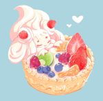  alcremie blue_background closed_mouth commentary cutiekaboom english_commentary food fruit gen_8_pokemon grapes happy pokemon simple_background smile solo strawberry 