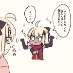  2girls ahoge black_bow black_gloves blonde_hair blush bow breasts commentary_request dark_skin dual_persona eighth_note elbow_gloves fate/grand_order fate_(series) gloves hair_bow looking_at_another multiple_girls musical_note numachi_doromaru okita_souji_(alter)_(fate) okita_souji_(fate) okita_souji_(fate)_(all) smile translation_request under_boob upper_body 