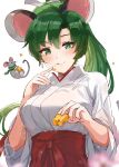  1girl :p absurdres alternate_costume animal animal_ears blush breasts cheese closed_mouth earrings eyebrows_visible_through_hair fire_emblem fire_emblem:_the_blazing_blade food food_on_face green_eyes green_hair hakama high_ponytail highres holding holding_food japanese_clothes jewelry kemonomimi_mode kimono large_breasts long_hair long_sleeves looking_at_viewer lyn_(fire_emblem) miko mouse mouse_ears mouse_girl mouse_tail ormille ponytail red_hakama simple_background smile solo tail tongue tongue_out upper_body white_background white_kimono wide_sleeves 