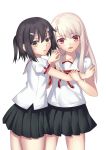  2girls bangs black_hair blush breasts collared_shirt fate/kaleid_liner_prisma_illya fate_(series) homurahara_academy_uniform illyasviel_von_einzbern long_hair looking_at_viewer mishiro0229 miyu_edelfelt multiple_girls neck_ribbon open_mouth pleated_skirt puffy_short_sleeves puffy_sleeves red_eyes red_ribbon ribbon sailor_collar shirt short_sleeves simple_background skirt small_breasts white_hair white_sailor_collar white_shirt 