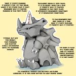  claws commentary creature dunce_cap english_commentary fatmanass full_body gen_1_pokemon highres inktober no_humans pokemon pokemon_(creature) rhyhorn simple_background sitting solo text_focus yellow_background 