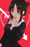  1girl bangs black_hair blush closed_mouth commentary_request eyebrows_visible_through_hair hair_ribbon hand_up highres hikashou kaguya-sama_wa_kokurasetai_~tensai-tachi_no_renai_zunousen~ long_sleeves looking_at_viewer red_background red_eyes red_ribbon ribbon school_uniform shinomiya_kaguya short_hair solo 