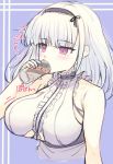  1girl azur_lane bangs blush breasts can dido_(azur_lane) drinking eyebrows_visible_through_hair hand_up headdress highres holding holding_can honami_(yths4221) large_breasts silver_hair sleeveless solo translation_request upper_body violet_eyes 