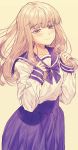  1girl absurdres bangs blonde_hair blush brown_background closed_mouth eyebrows_visible_through_hair highres holding holding_hair honami_(yths4221) long_hair long_sleeves looking_at_viewer original purple_skirt school_uniform sidelocks simple_background skirt smile solo violet_eyes 