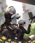  1boy 1girl android black_blindfold black_gloves black_hairband black_legwear black_shorts blindfold blurry blurry_background building cleavage_cutout closed_eyes closed_mouth feather_trim floating flower gloves hair_between_eyes hairband highres jiro_(ninetysix) leaning leaning_forward nier_(series) nier_automata pink_flower plant pod_(nier_automata) puffy_sleeves robot ruins see-through short_hair shorts sitting smile thigh-highs white_hair yellow_flower yorha_no._2_type_b yorha_no._9_type_s 