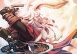  1girl animal_ears armor bangs chakram cloak dancer_(final_fantasy) final_fantasy final_fantasy_xiv gauntlets grey_eyes highres long_hair looking_at_viewer lyna_(ff14) mihira_(tainosugatayaki) rabbit_ears solo viera weapon white_hair 