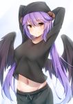  1girl arms_behind_head arms_up black_headwear black_shirt black_shorts breasts closed_mouth crop_top crop_top_overhang feathered_wings groin hat highres horns long_hair long_sleeves looking_at_viewer medium_breasts midriff navel orange_eyes original purple_hair shirt shorts simple_background smile solo stomach umou_(may65879) upper_body very_long_hair white_background wings 